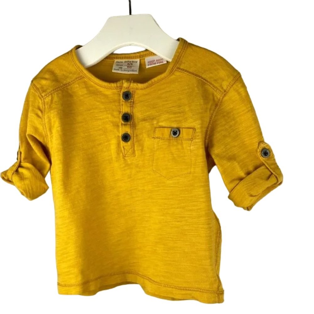 Zara Baby Boy Yellow Mustard Button Tab Roll Cuffs Henley Tee size 3-6 Months